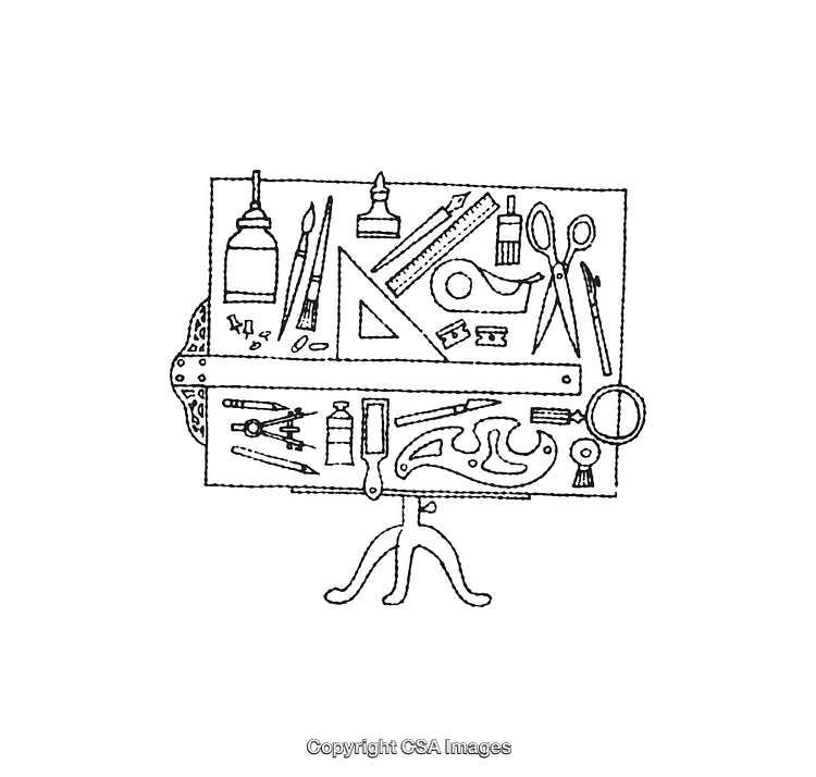 Black and White Line Art of Artistic Workstation Tools and Supplies