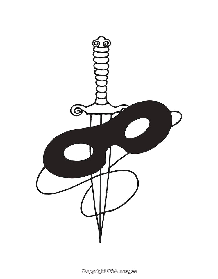 Black and White Illustration of a Mask with a Sword