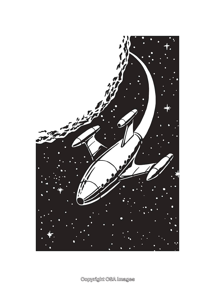 Black and White Illustration of a Spaceship Traveling Through Cosmic Space
