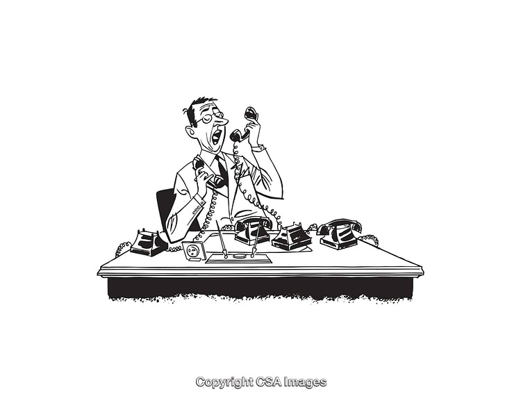 Busy Office Worker Juggling Multiple Phones in Cartoon Illustration
