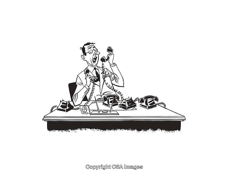 Busy Office Worker Juggling Multiple Phones in Cartoon Illustration