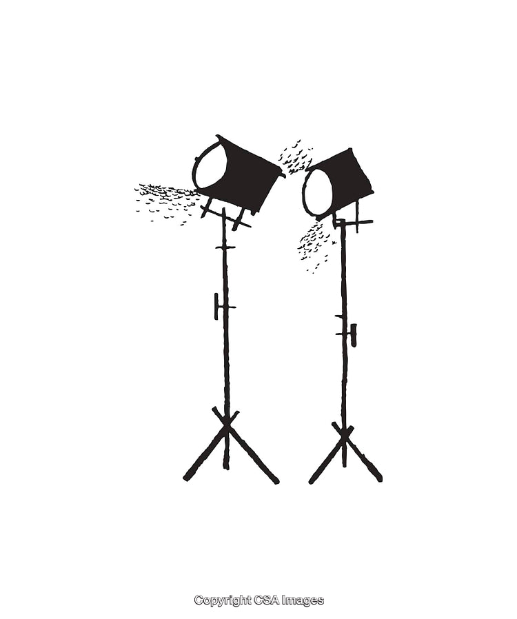 Minimalist Black and White Line Art Illustration of Studio Spotlights