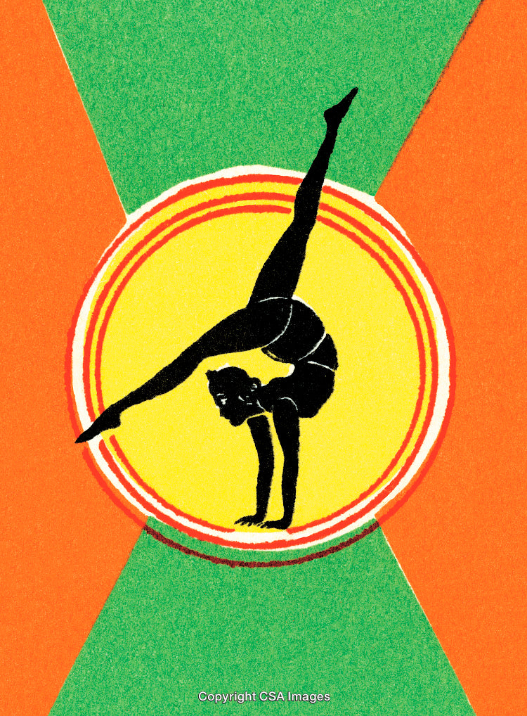 Silhouette of Gymnast Performing Handstand with Retro Geometric Background Design