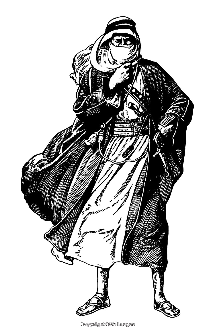 Engraving of Historical Nomadic Figure in Traditional Robes and Headscarf