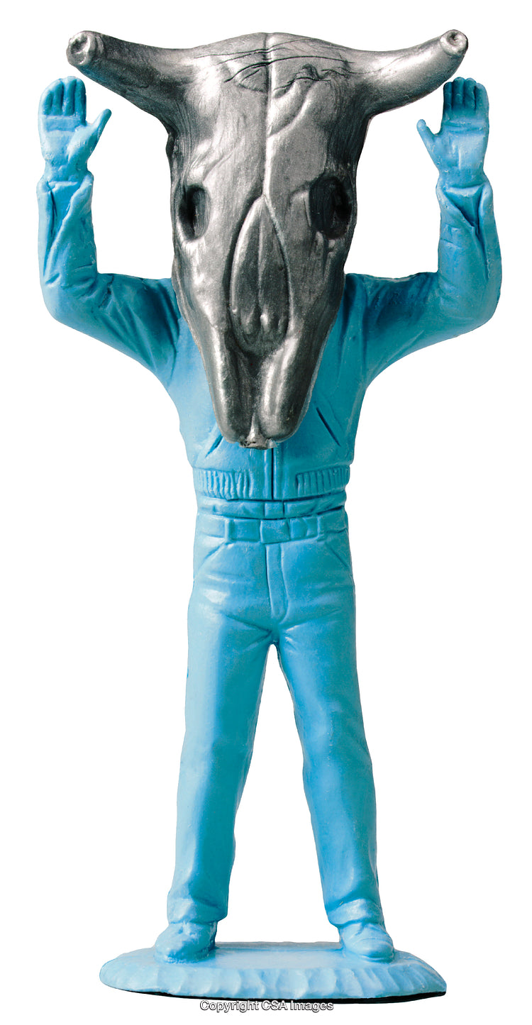 Abstract Plastic Figurine with Skull Head and Blue Suit Display