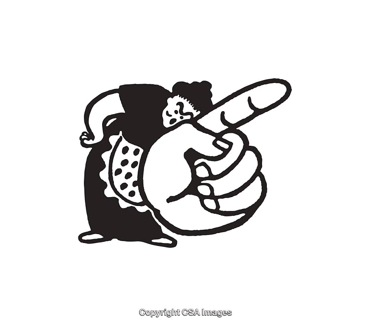 Black and White Illustration of Pointing Hand and Woman in Apron