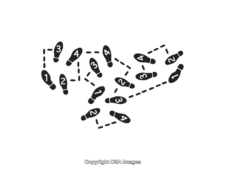 Black and White Dance Step Illustration with Numbered Footprints