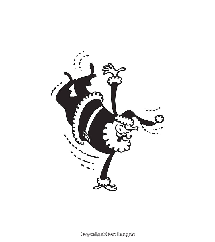 Black and White Illustration of Santa Doing a Joyful Dance