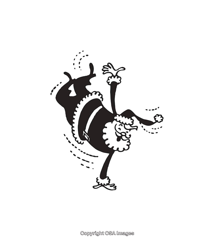 Black and White Illustration of Santa Doing a Joyful Dance