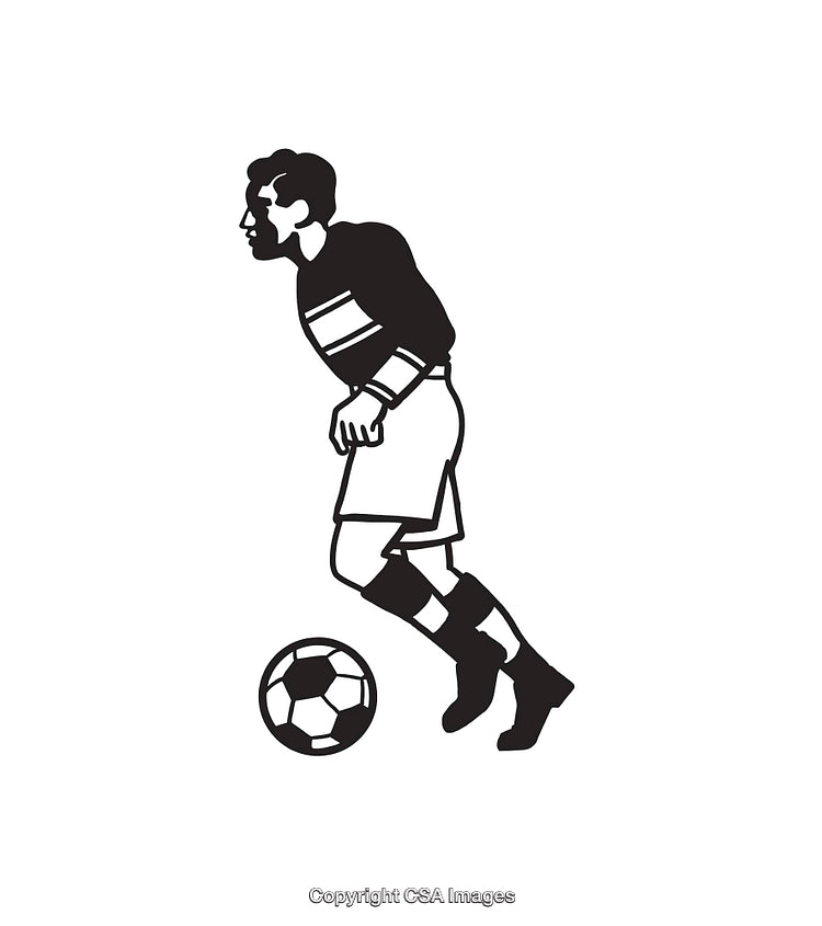 Black and White Illustration of a Soccer Player Dribbling the Ball