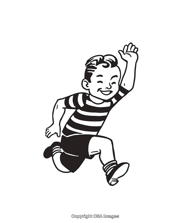 Cheerful Boy Running with Joy in Black and White Line Art