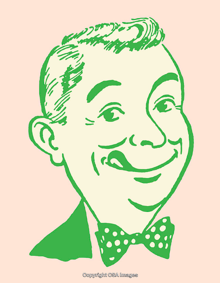 Retro Style Green Line Art Illustration of a Smiling Man With Bowtie