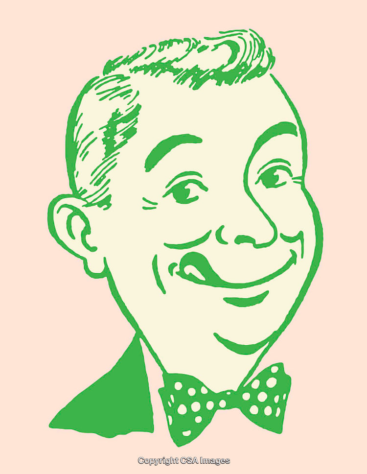 Retro Style Green Line Art Illustration of a Smiling Man With Bowtie