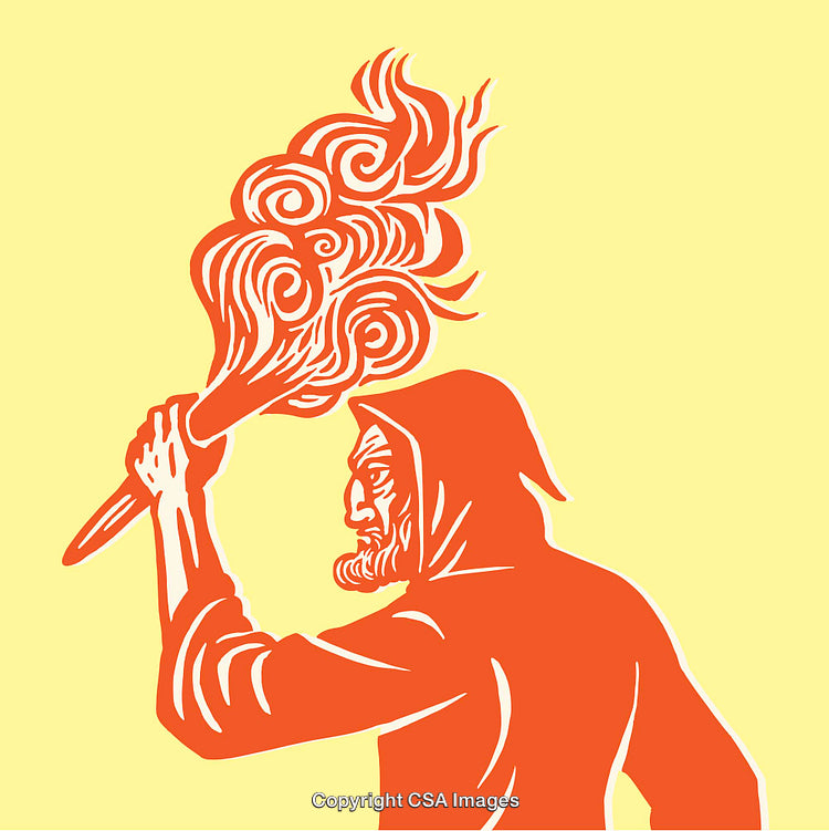 Hooded Figure Holding a Fiery Torch Colored Illustration