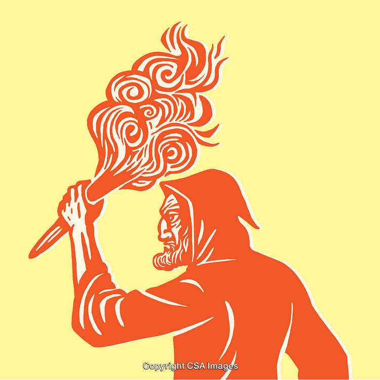 Hooded Figure Holding a Fiery Torch Colored Illustration