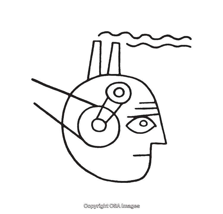 Futuristic Black and White Line Art Illustration of a Cyborg Head