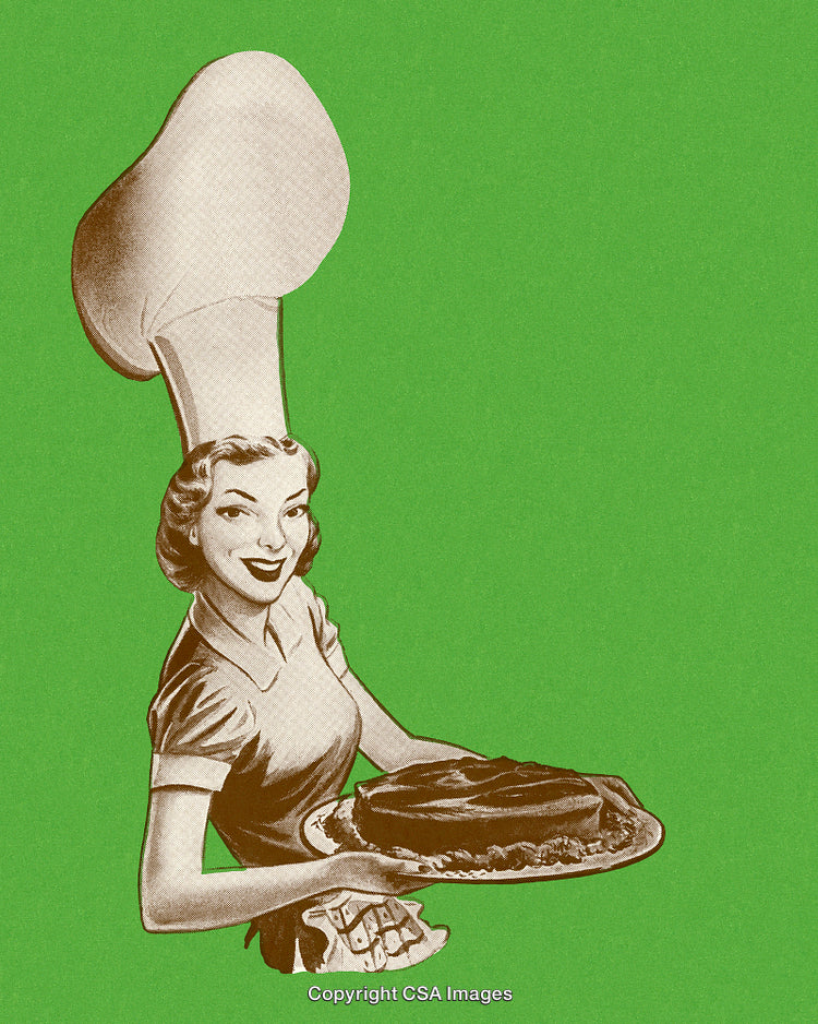 Vintage Illustration of a Female Chef Holding a Chocolate Pie on Green Background