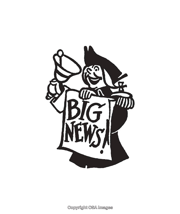 Retro Styled Line Art Depicting a Herald Proclaiming Big News in Black and White