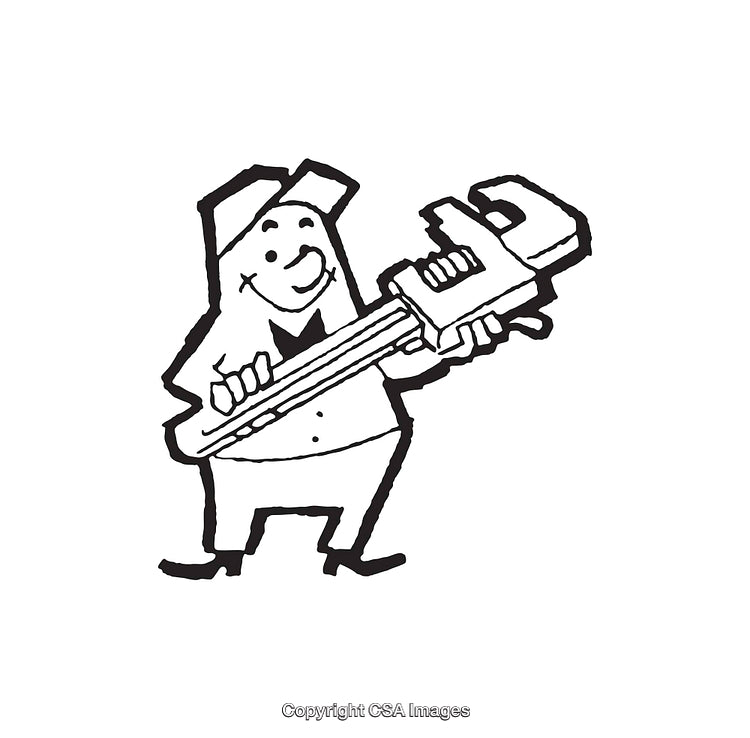 Black and White Cartoon of a Plumber Holding a Large Wrench
