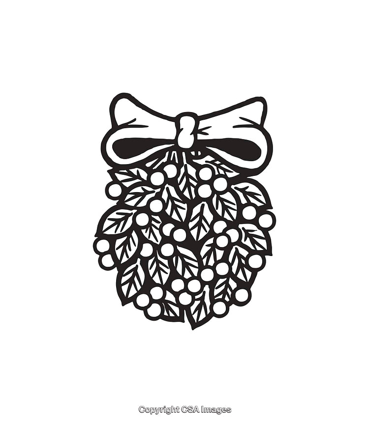 Black And White Line Art of Holiday Mistletoe with Ribbon Bow Design