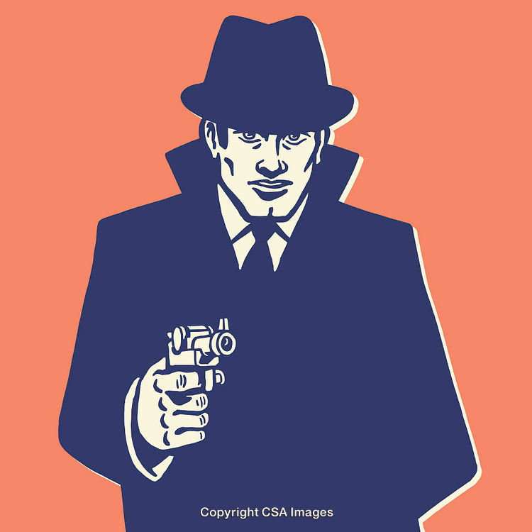 Retro Styled Illustration of a Detective Holding a Pistol on Orange Background