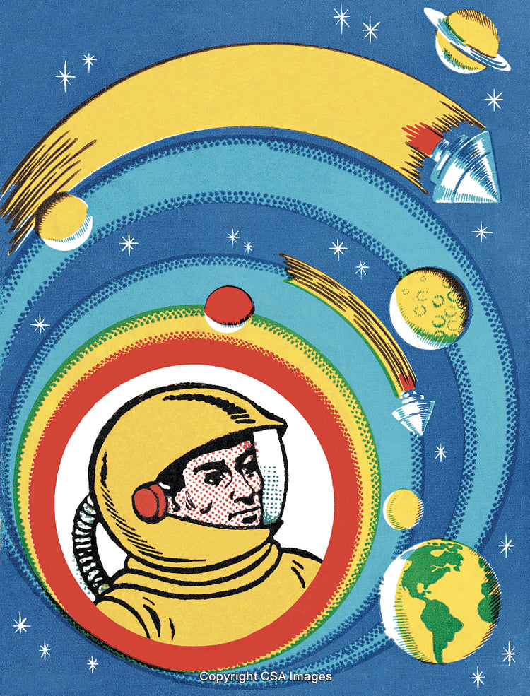Retro Space Illustration Featuring Astronaut, Planets, and Celestial Elements