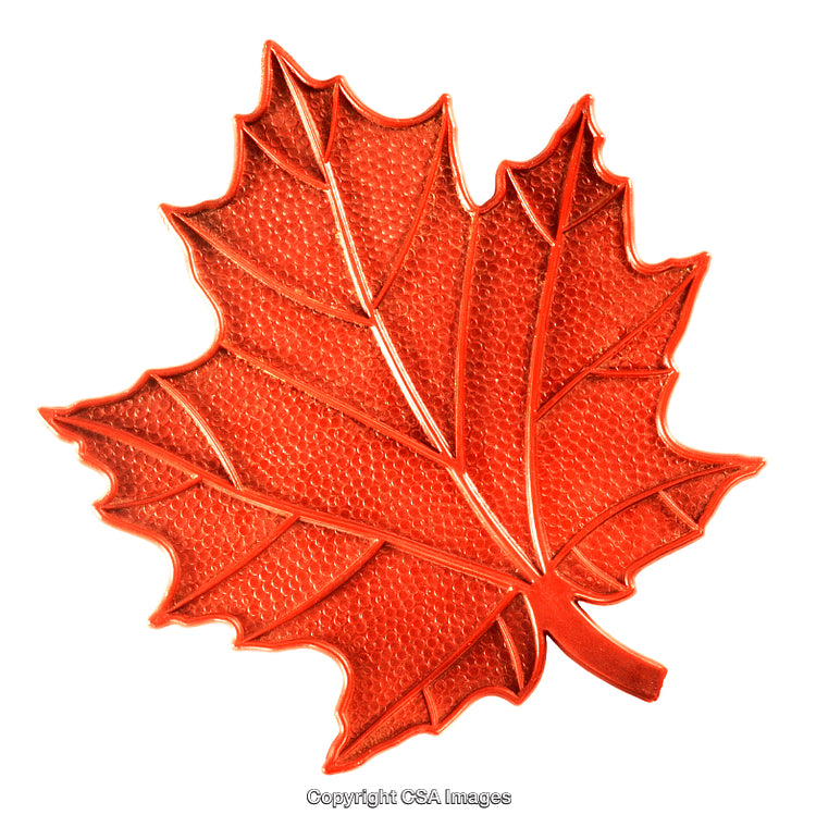Bright Red Maple Leaf Textured Plastic Toy on White Background