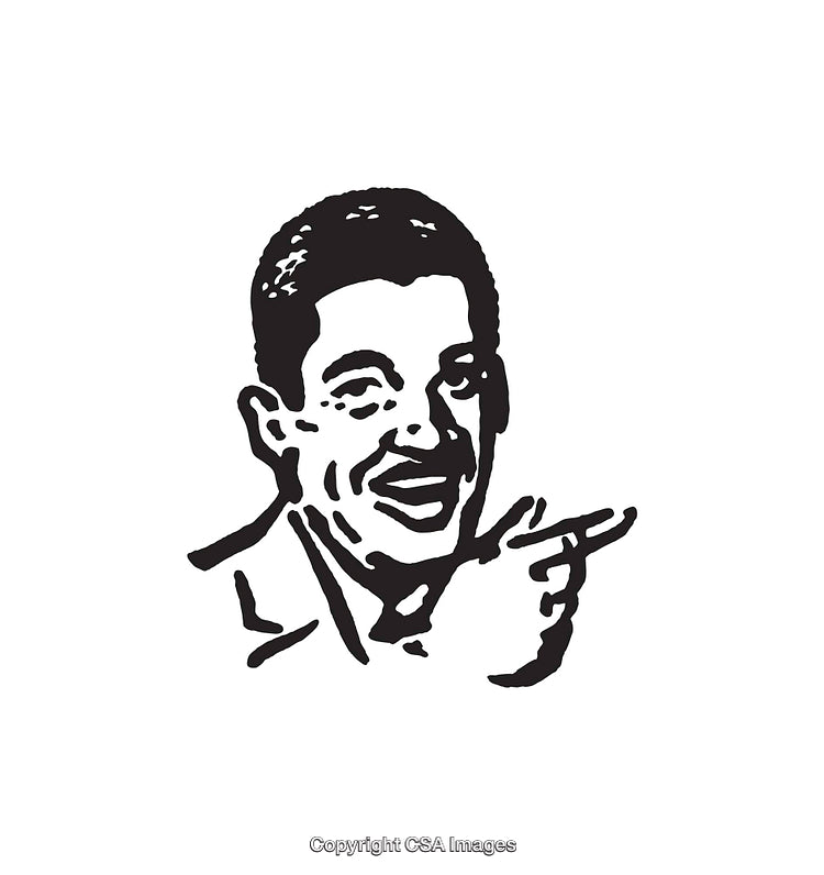 Black And White Illustration Of Smiling Man Pointing With Finger