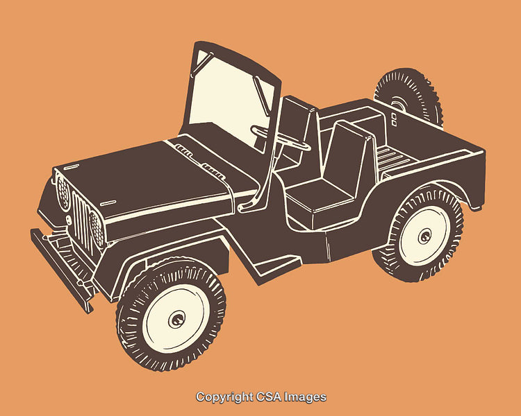 Vintage Line Art Illustration of Off-Road Vehicle on Orange Background