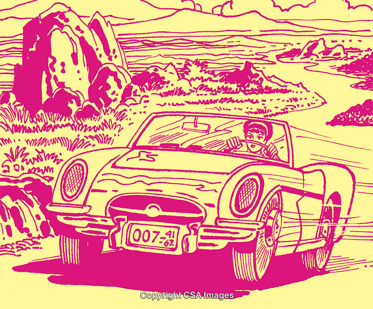 Retro Comic Car Driving Scene with Vibrant Colors and Rugged Terrain