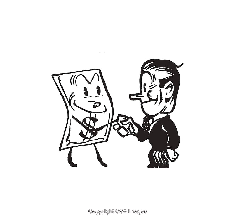 Black and White Line Art of a Businessman and Personified Money