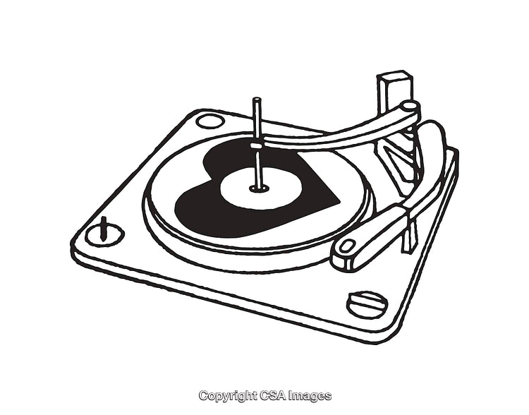Black And White Illustration of a Turntable with Heart Shaped Record