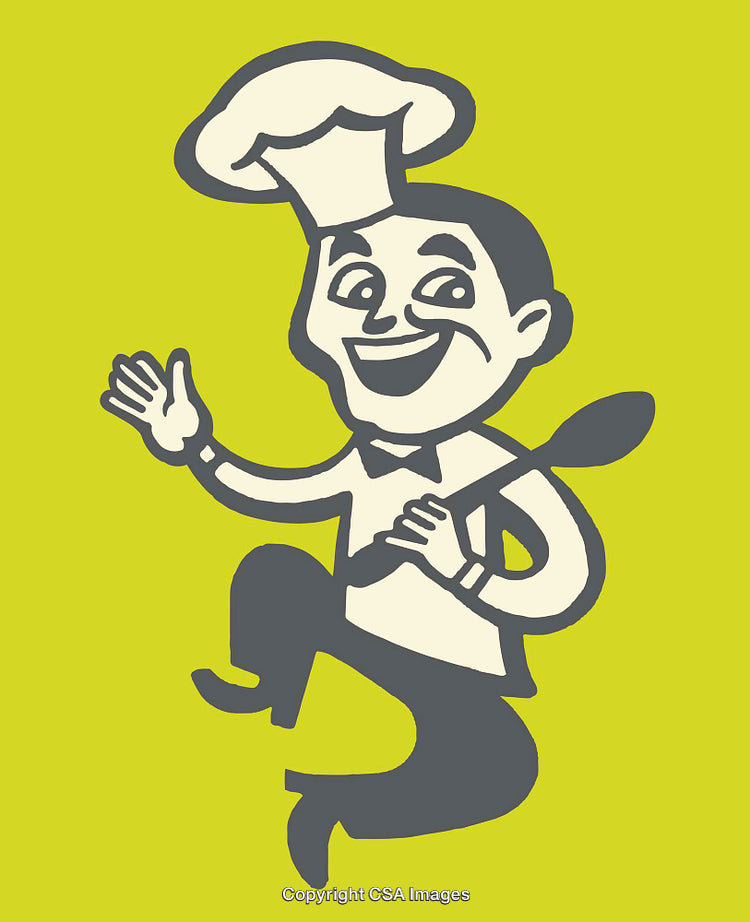 Cartoon Chef Holding a Spoon on a Vibrant Yellow Background