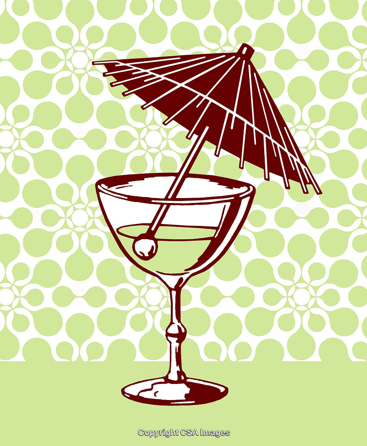 Illustration of a Cocktail Glass with Decorative Umbrella on Patterned Background