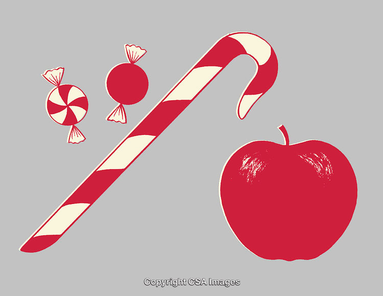 Red and White Illustrations of Candy, Candy Cane, and an Apple