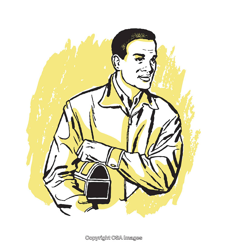 Illustration of a Smiling Man Holding a Small Object in His Arms