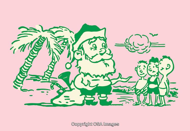 Whimsical Santa Claus Illustration on a Tropical Beach with Three Children