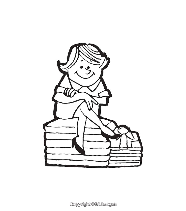Black and White Illustration of a Smiling Girl Sitting on Stacked Books