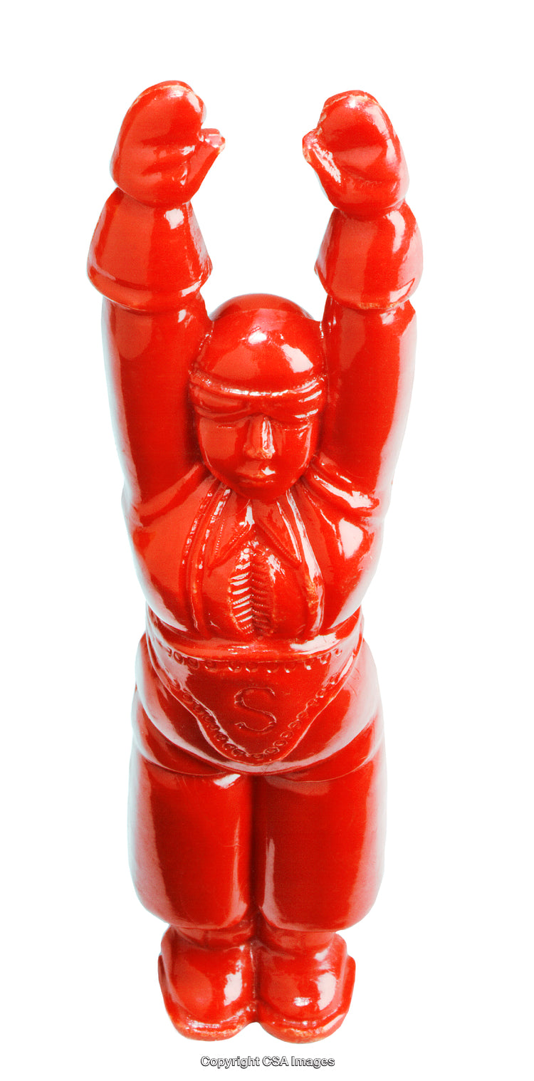 Red Plastic Action Figure with Raised Arms on White Background