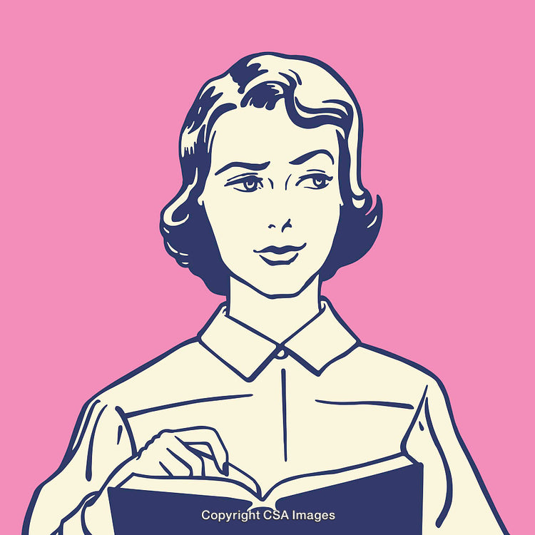 Vintage Woman Reading Against a Pink Background in Line Art Style