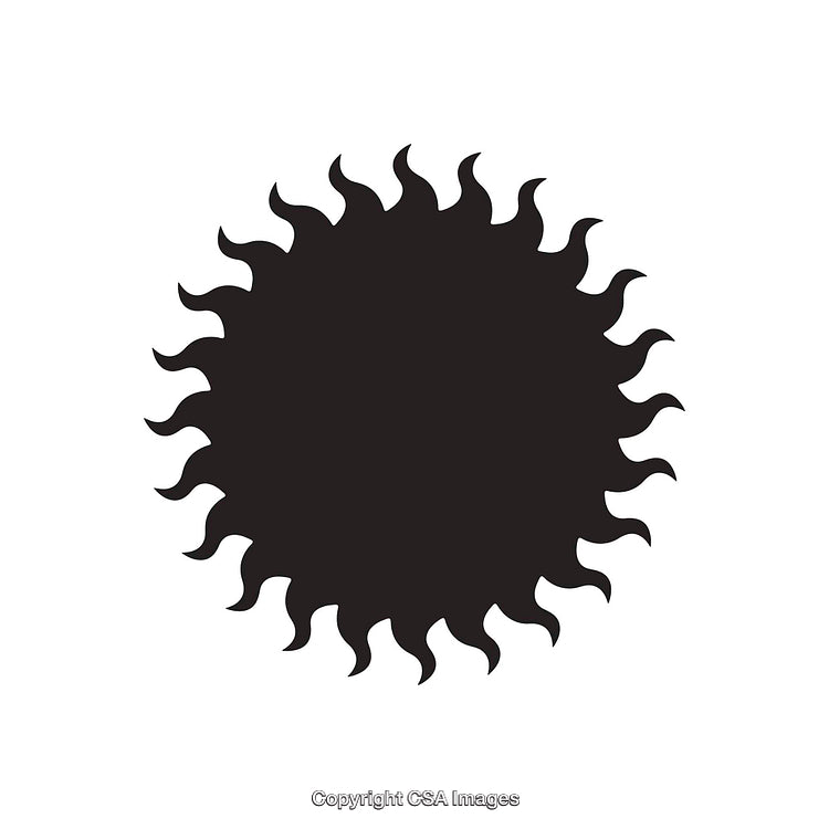 Black Sun Dingbat Design With Radiating Curved Rays on White Background