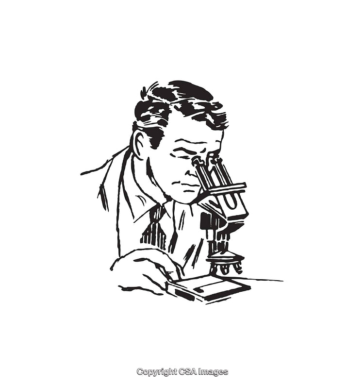 Scientist Using Microscope for Research in Black and White Line Art Illustration