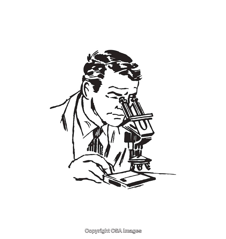 Scientist Using Microscope for Research in Black and White Line Art Illustration