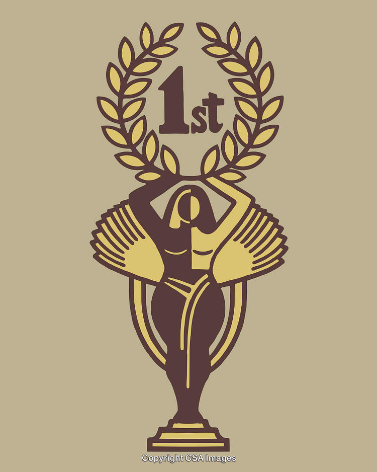 Elegant Trophy Illustration Featuring Laurel Wreath and First Place Text Design