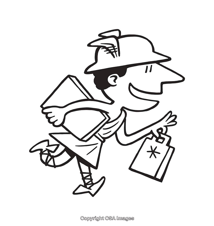 Cartoon Delivery Person Running and Holding Clipboard in Black and White