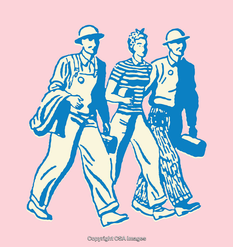 Vintage Stylized Illustration of Three Workers Marching in Unity