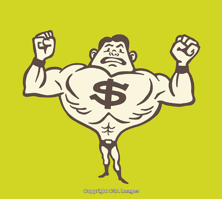 Cartoon Illustration of Muscular Character with Dollar Symbol on Chest