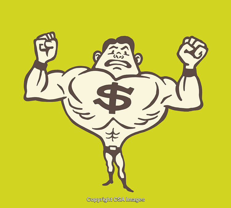 Cartoon Illustration of Muscular Character with Dollar Symbol on Chest