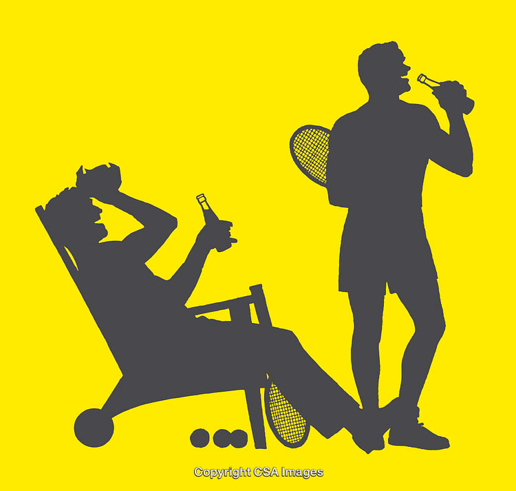 Silhouetted People Enjoying Drinks with Sports Equipment on Yellow Background