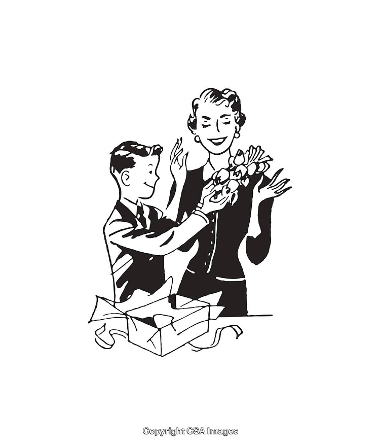 Retro Illustration of Boy Giving a Gift to a Smiling Woman